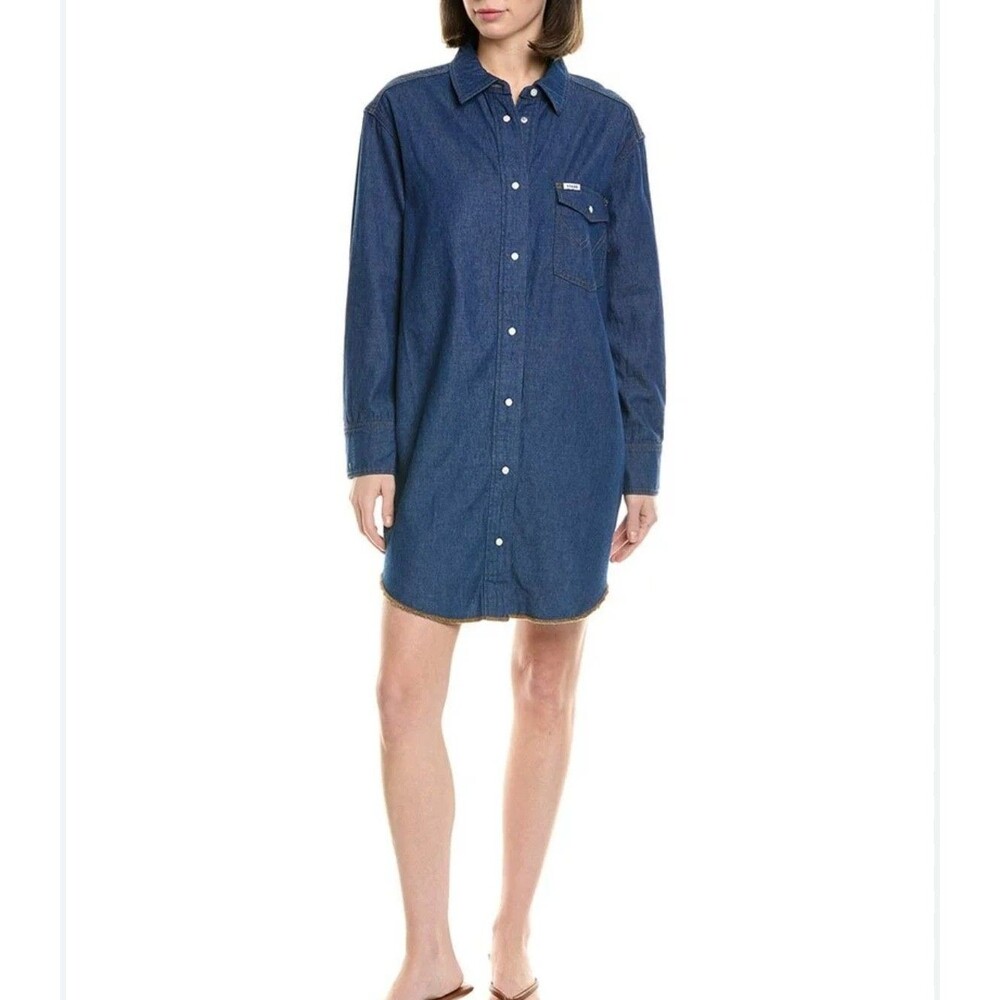 Wrangler Staud Shirt Dress Womens Small Blue Denim Pearl Snap western